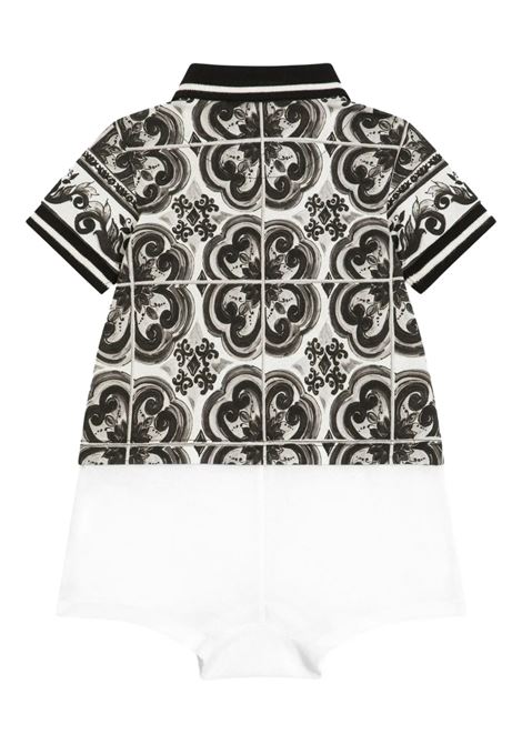 Tutina Stile Polo In Piquet Bianco Con Stampa Maiolica Nera DOLCE & GABBANA KIDS | L1JO7A-G7PCDIU3TN